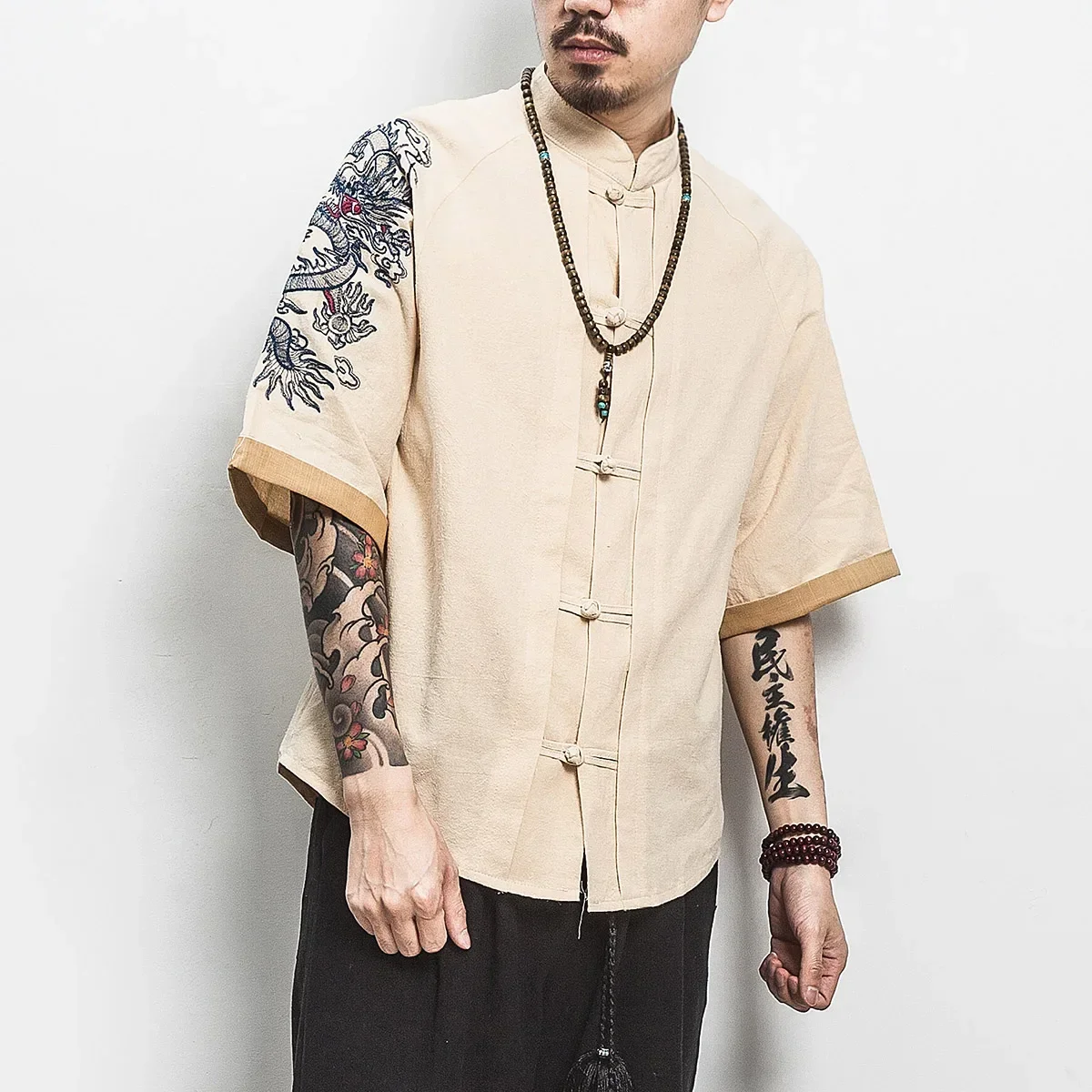 Embroidery Golden Dragon Shirts Men\'s Chinese Style Retro Linen Kungfu Short Sleeve Cardigan Mens Casual Novelty Loose Shirt Men