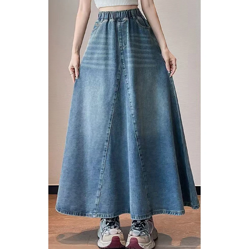 Women Skirt Korean Style High Waist Elastic Washed Denim Maxi Skirt A-Line Flared Long Jean Skirt Pockets Casual Y2K Streetwear view 5