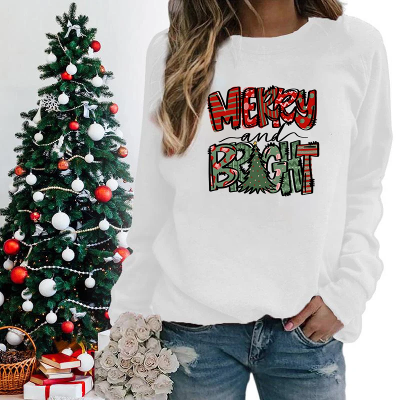 

Christmas Merry And Bright Print Sweatshirts For Women Fashion Casual Graphic Xmas Gifts Sweatshirts Winter Hoodless Pullovers