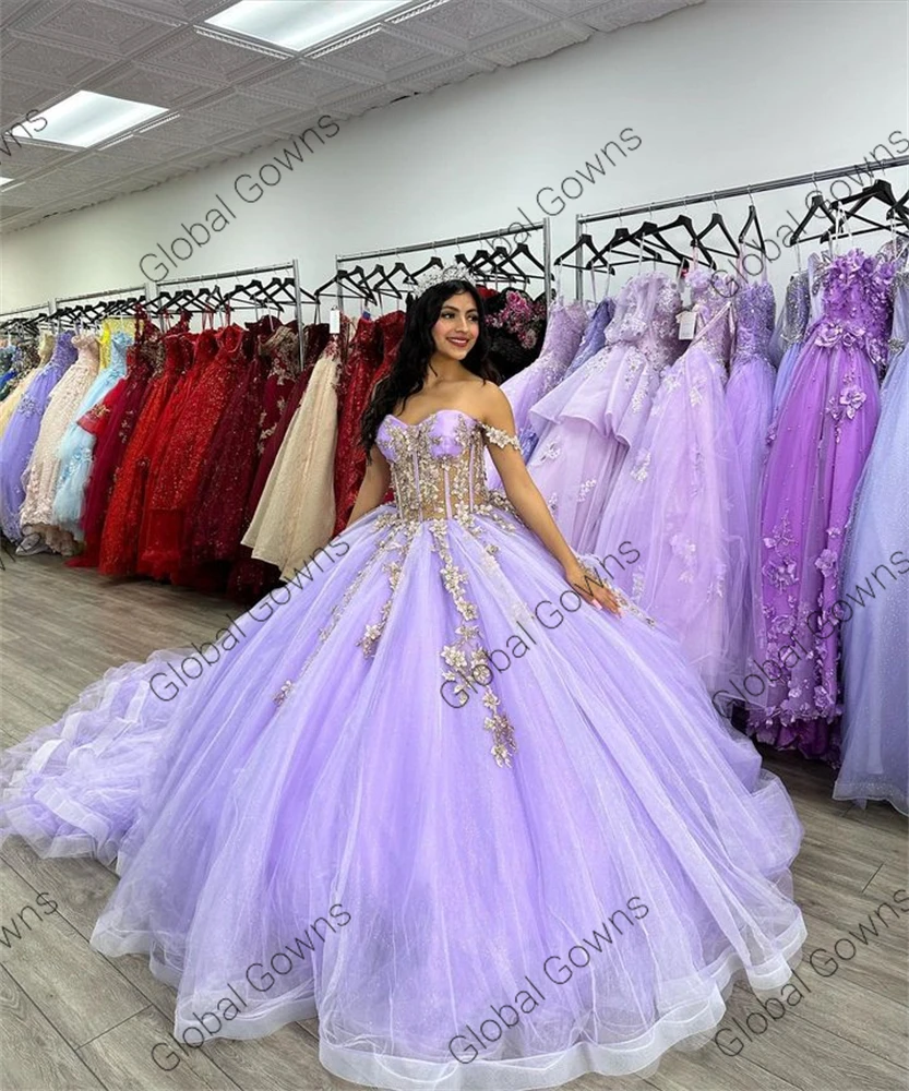 Mexico Lilac Lavender Purple Off The Shoulder Ball Gown Quinceanera Dresses For Girls Beaded Appliques Party Gowns Customized