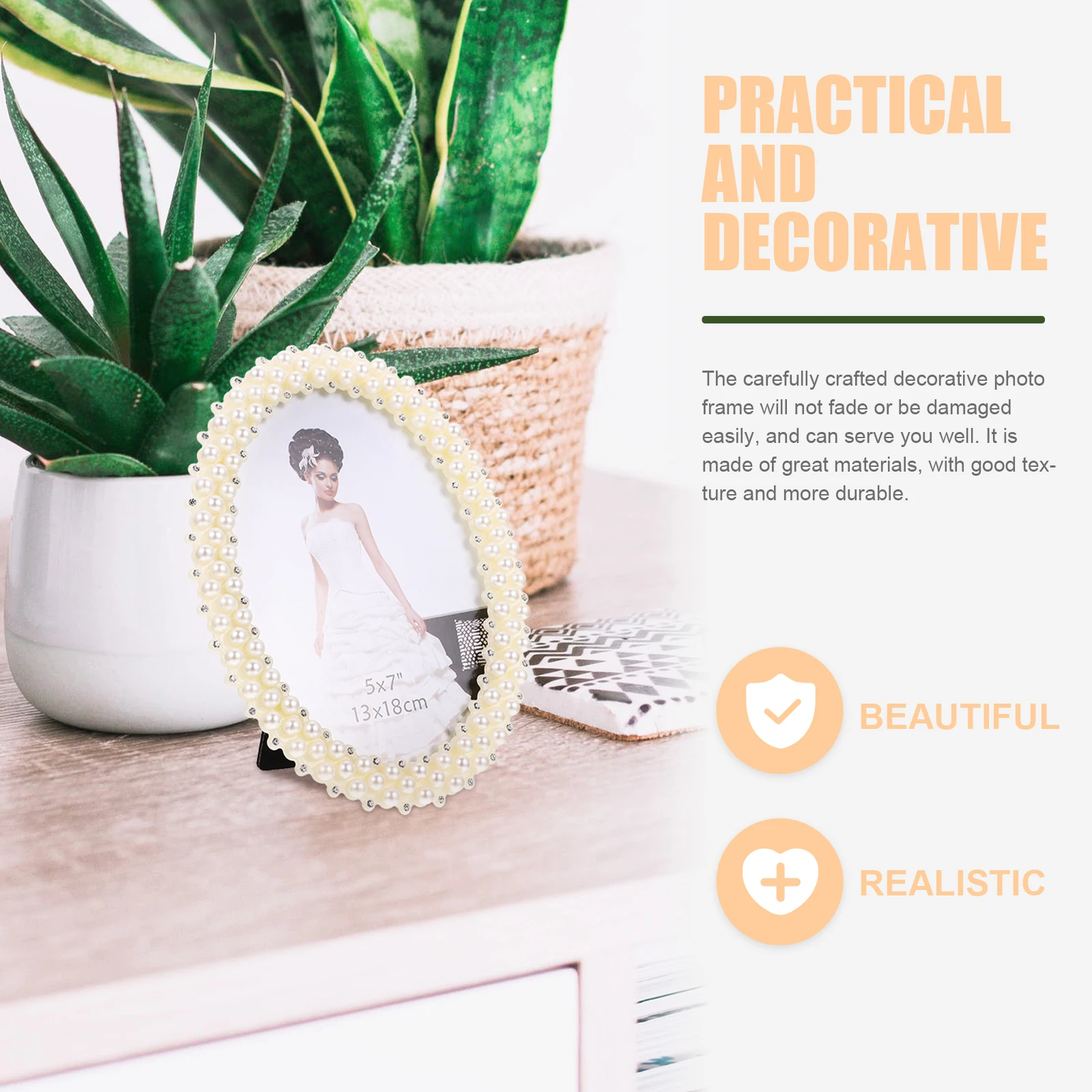 

Elegant Oval Photo Frame Decorative Display Stand Pearl Flocked Back Desktop Picture Holder Home Decorative Frame Black