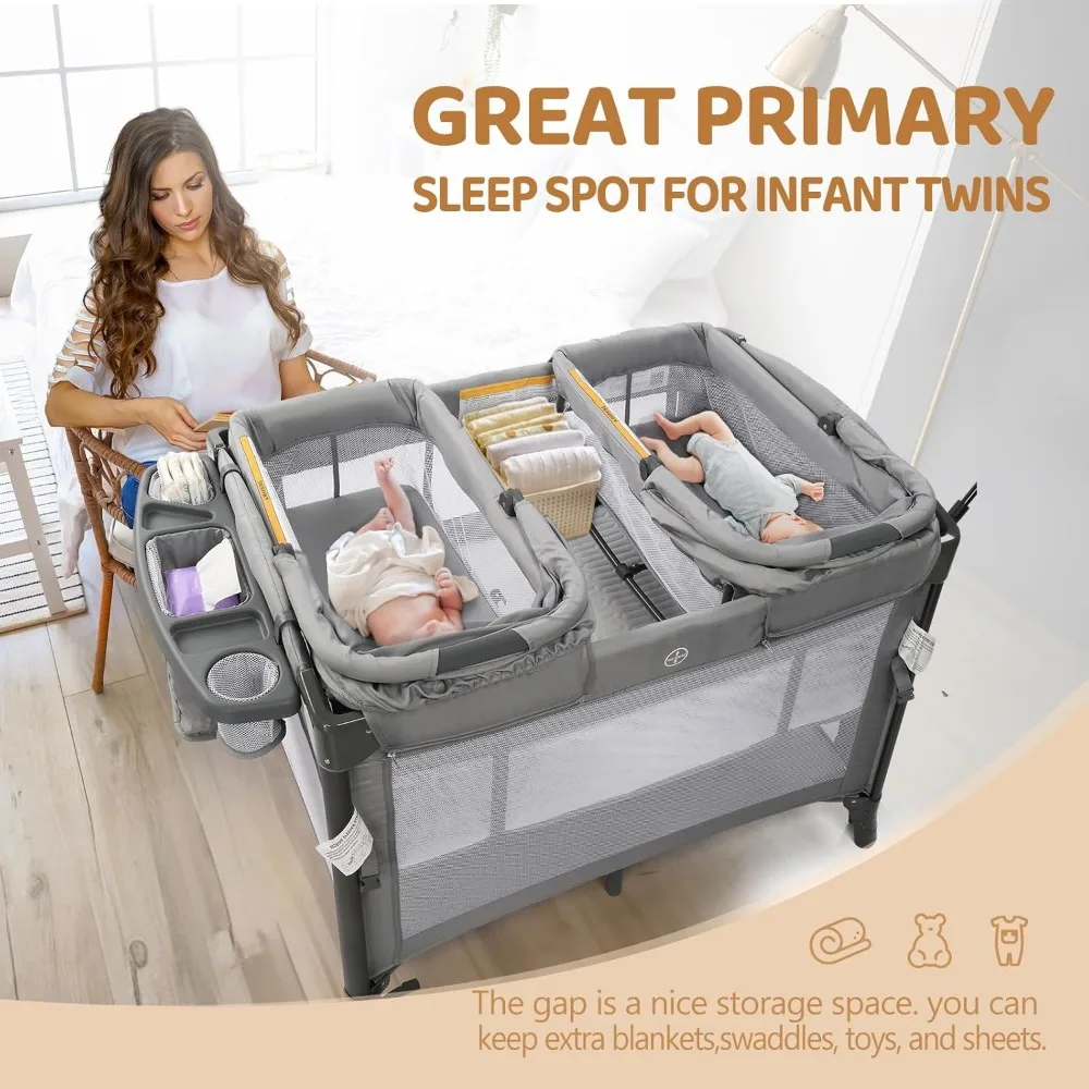 JOYMOR Twin-Stubenwagen für Babys, Nachttisch-Stubenwagen, umwandelbar in Nachttisch-Schläfer und Laufstall, mit Rad, Bremse, klappbare Seite