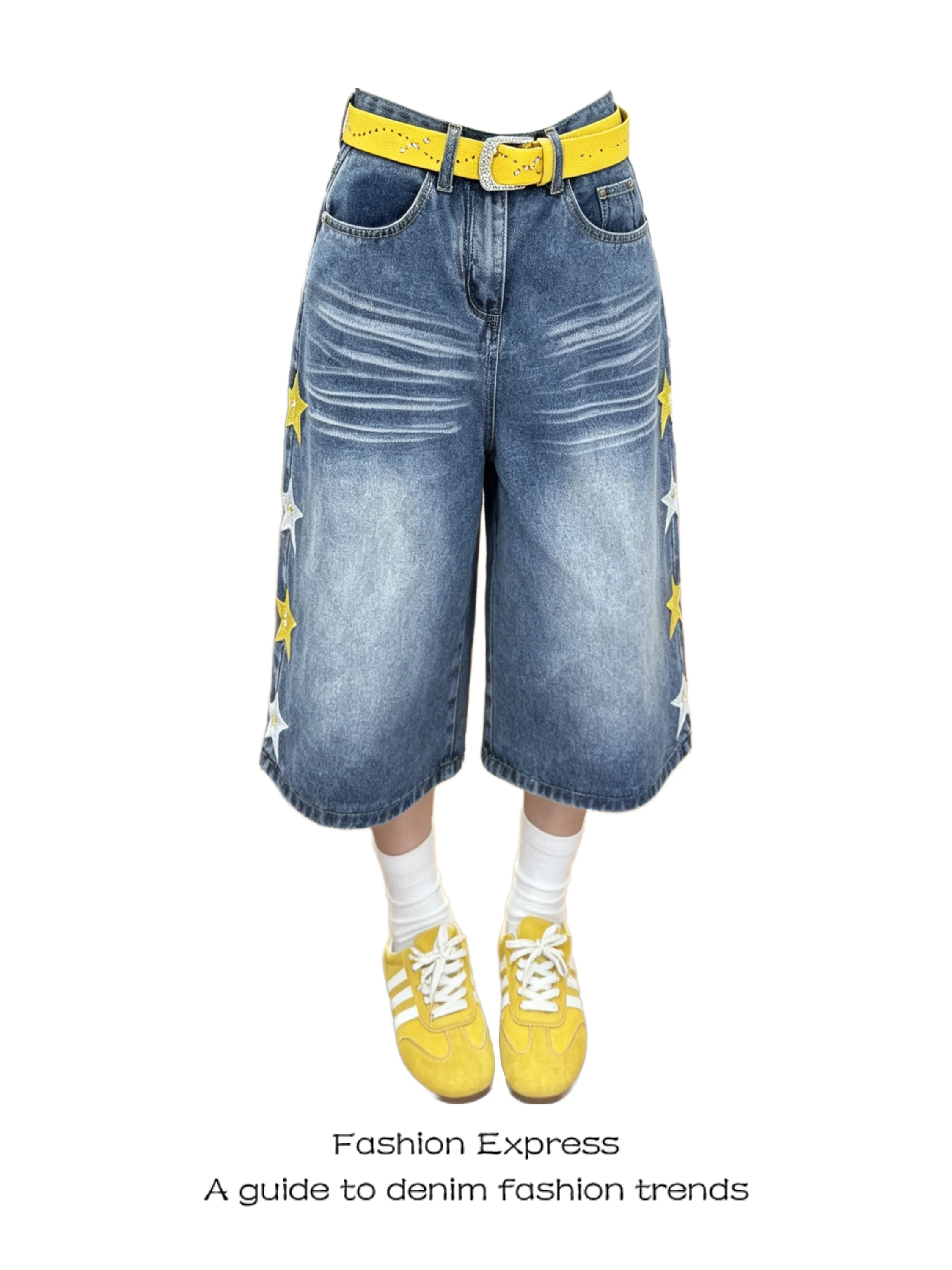 

Sweet American Embroidery Washed Knife Denim Shorts Women's Seven-Foot Pants High Waist Wide Leg Pocket Detail Jeans