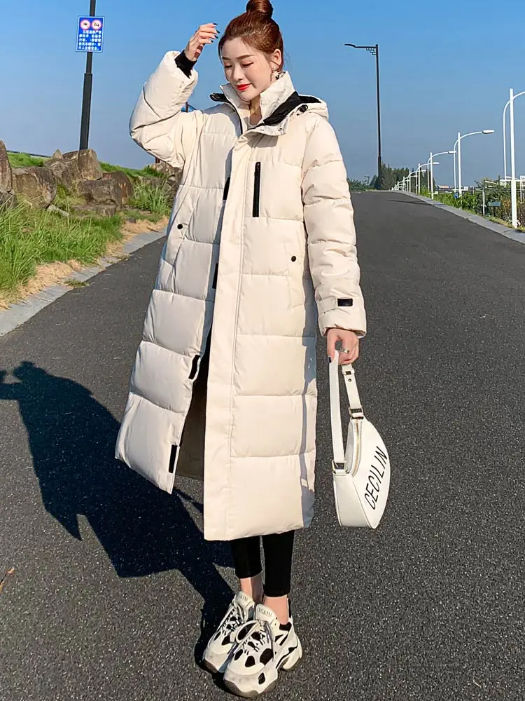 Vielleicht Parka Coat Extra Long Winter Jacket Women Hooded Pocket Zipper Female Lady Windbreaker Coat Casual Outwear Clothes