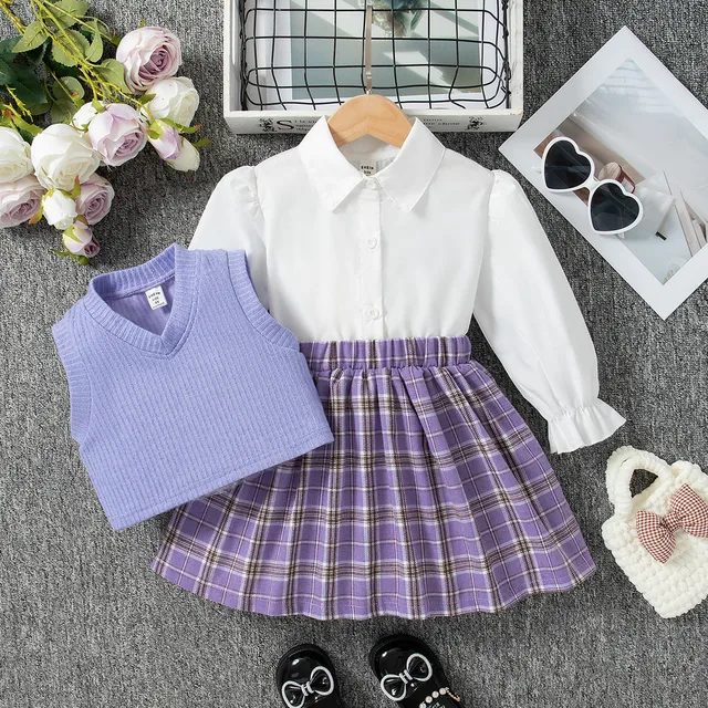 4-7 lat Dziecko Dziewczynka 3PCS Zestaw ubrań Biała bluzka z długim rękawem Fioletowa kamizelka z dzianiny + spódnica w kratę Moda dziecięca Strój w stylu preppy