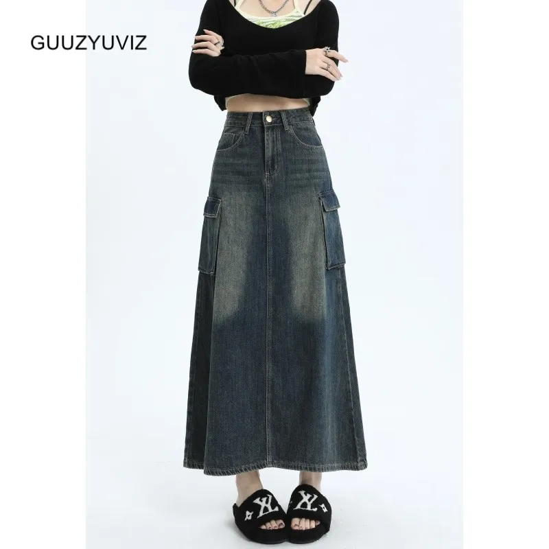 

2023 Autumn And Winter Cargo Denim Skirt Women Loose Fitting Large High Waist A-line Split Buttocks Vintage Blue Y2k Multi-pocke