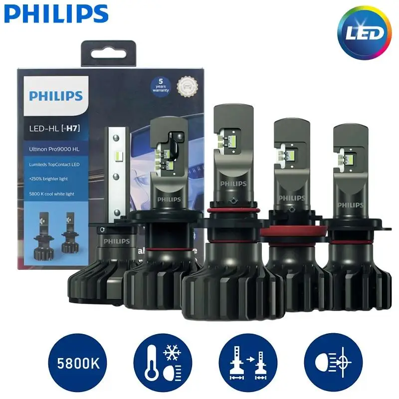 Philips-faro delantero de coche Ultinon Pro9000 H1 H4 H7 LED H11 HB3 HB4 HIR2, 9005, 9006, 9012, 5800K, blanco, 250%, lámparas LED brillantes para