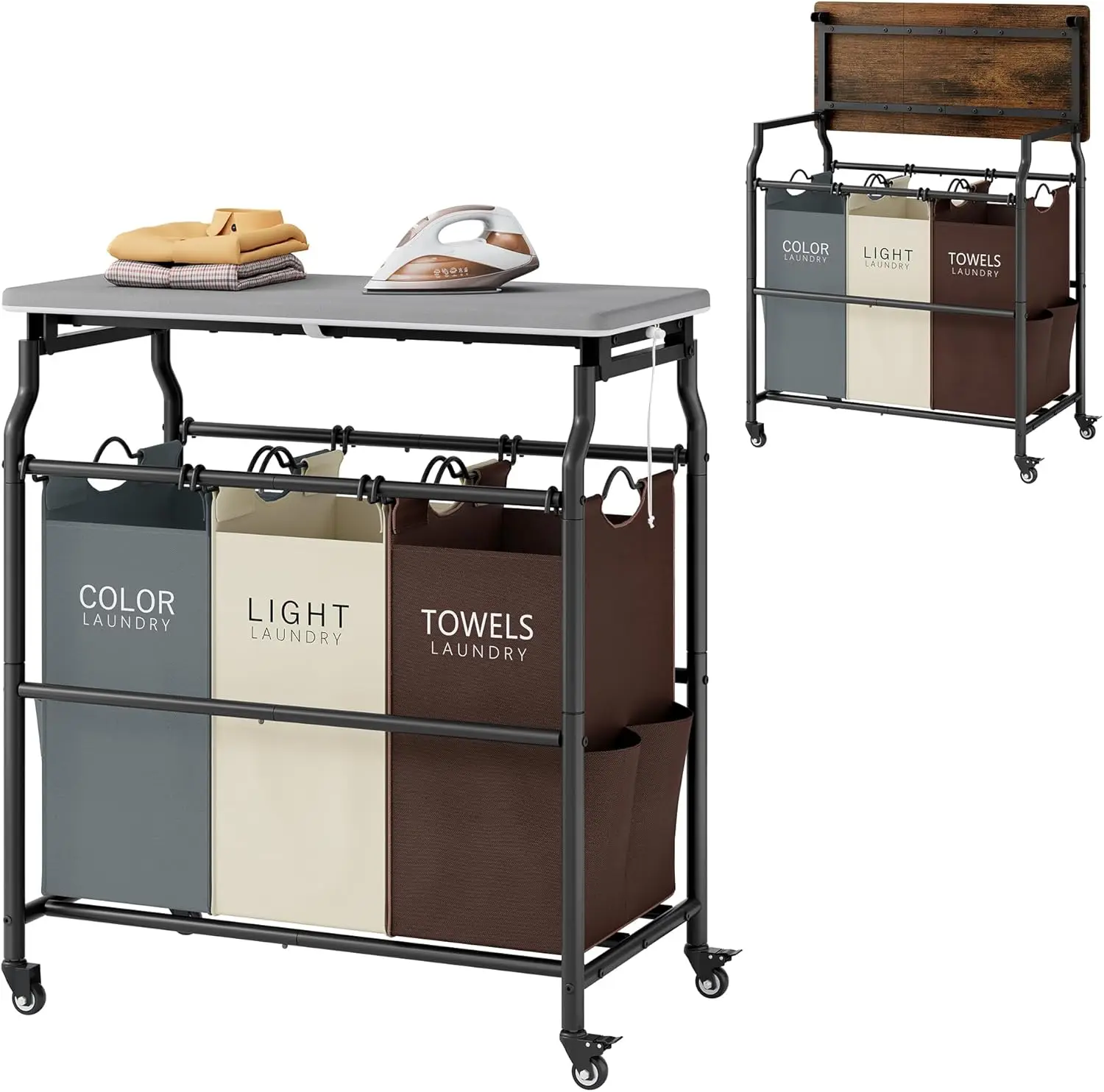 

Трехсекционная тележка-органайзер для белья с гладильной доской, корзина для белья с полкой и колесами, усиленная конструкция