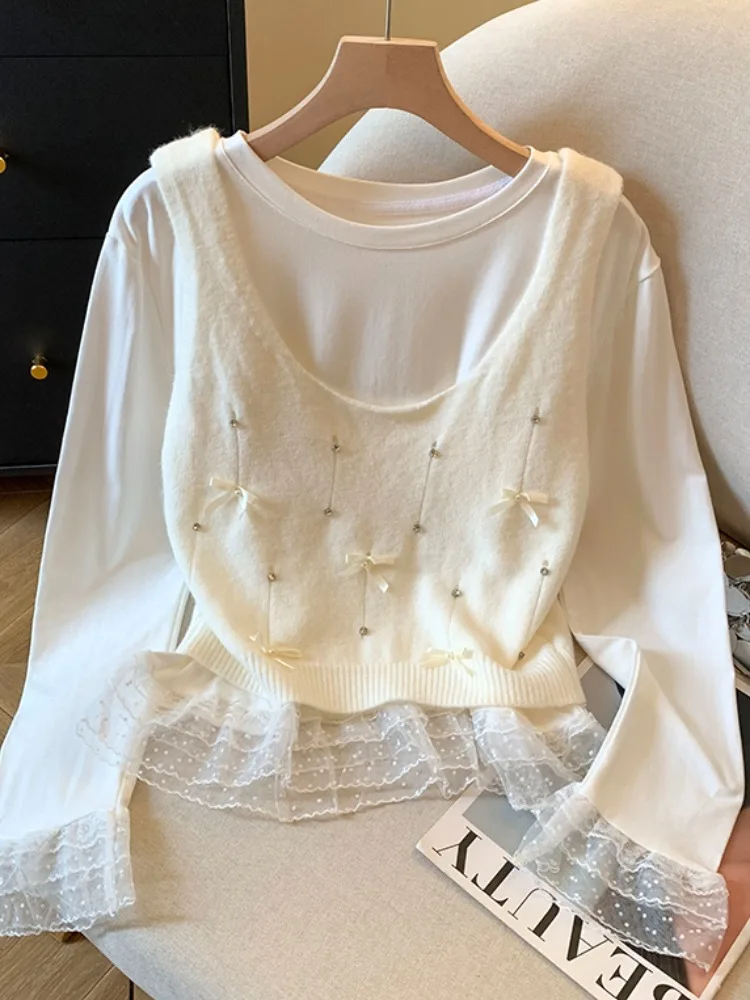 ロングスリーブレースパッチワークニットTシャツ レディース セルフキーブルヘビー装飾ツーピースセットトップ 韓国風ルーズフィット