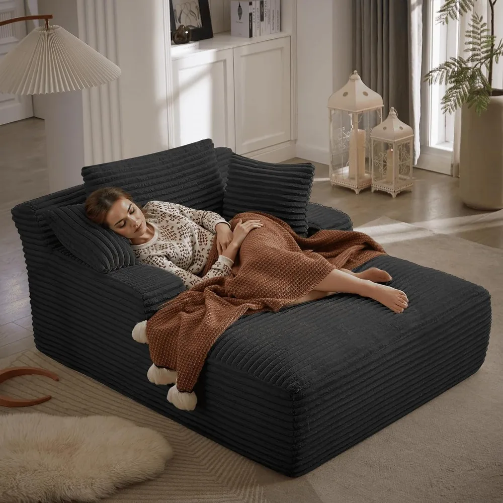 

50" W Oversized Chaise Lounge Chair Indoor, Upholstered Corduroy Sofa Bed with Arm & 3 Pillows, Plush Cloud Couch for Living Roo