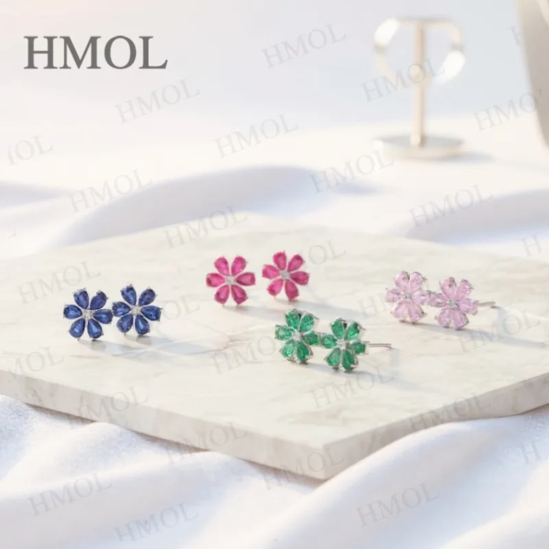 

4.3-6.3CT Six Petals Pear Earrings Ruby/Sapphire/Colombia/Padparadscha S925 Hypoallergenic Earring for Women Girls Romantic Gift