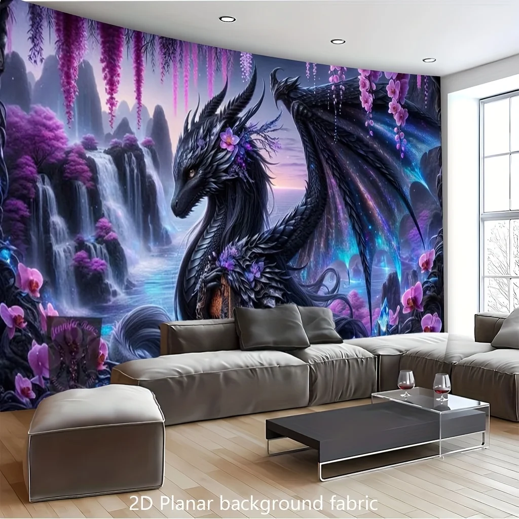 VIKAMA Fantasy Black Dragon Tapestry Purple Floral Waterfall Wall Hanging Myth Creature Aesthetic Dorm Bedroom Wall Decor