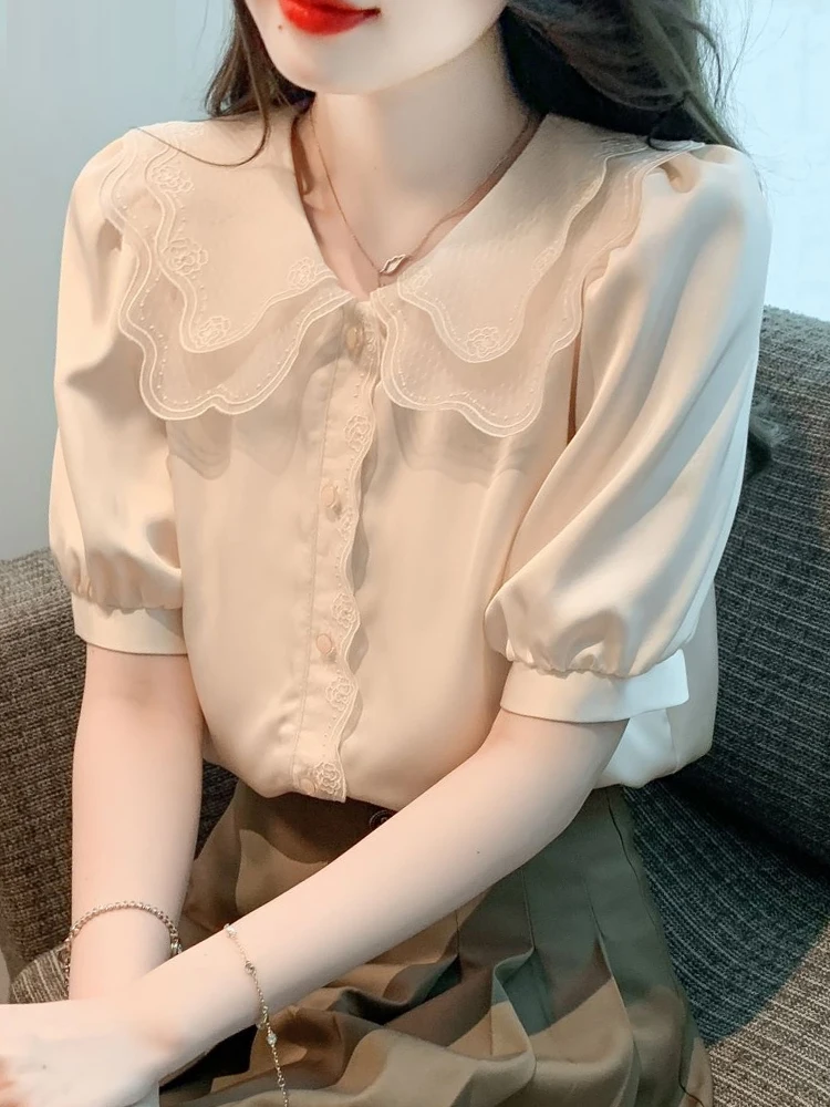 

Korean Sle Double Layer Doll Collar Embroidered Design Chiffon irt Bubble Sve Women's Summer Faionable Top
