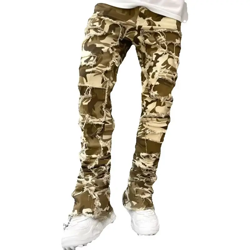 Men's Regular Fit Stacked Jeans Ripped Slim Fit Patch Distressed Destroyed Straight Denim Pants Hip Hop Streetwear Trouser Cloth
