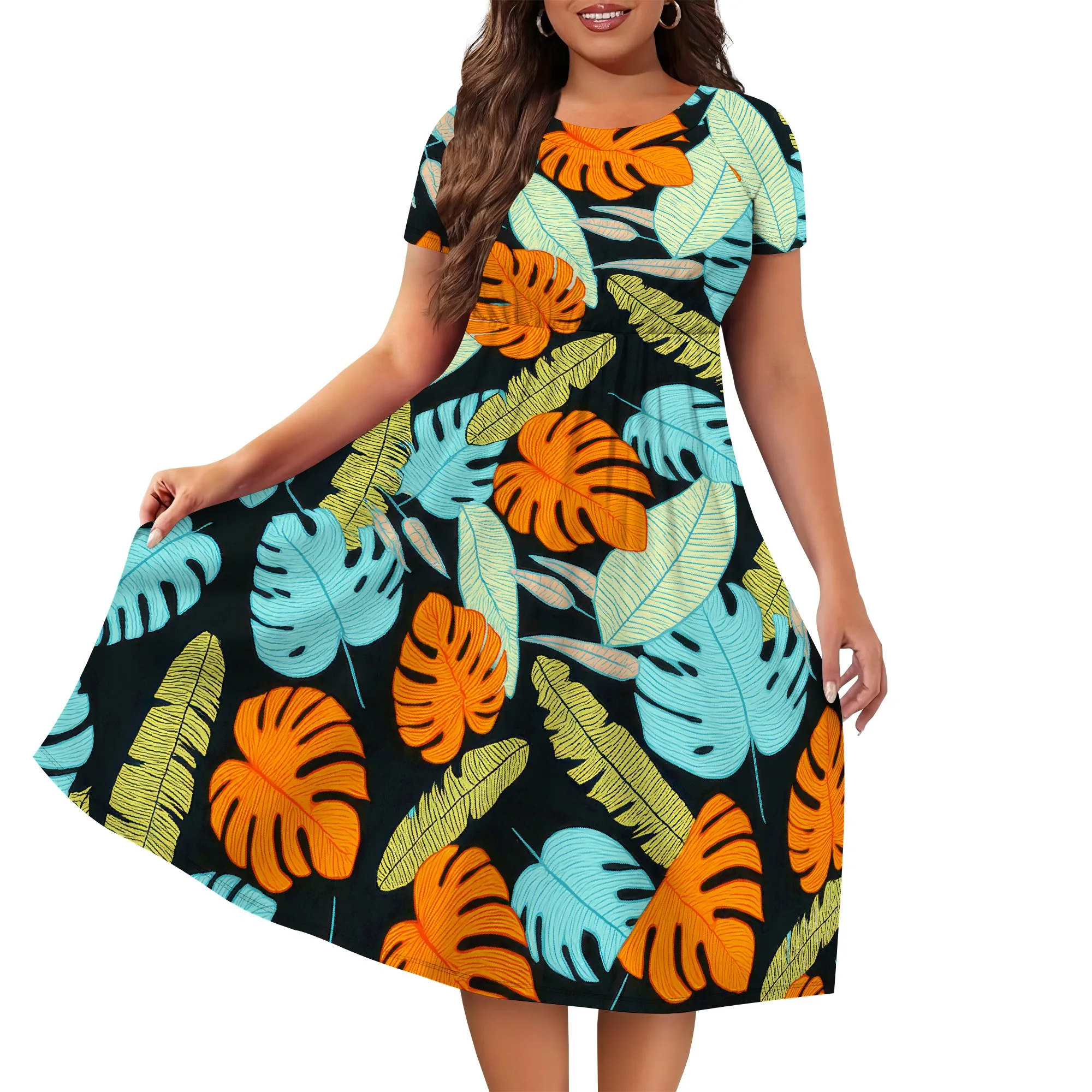 Women's Casual Swing Dress Scoop Neck & Short Sleeves Pull-on Dress Tropical Ethnic Print Polynesian Style Pattern