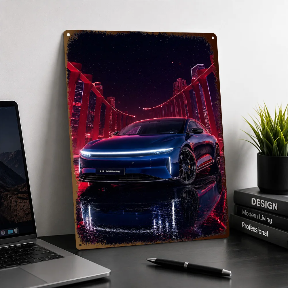 USA Air Sapphire Blue Cyberpunk Sports Sedan Textured Poster Customized Metal Tin Sign Neon Tribute Wall Art Ideal For Bedroom