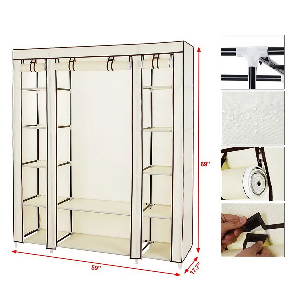 69" Portable Clothes Closet Wardrobe Storage Organizer with Non-Woven Fabric Quick and Easy to Assemble and Durable Beige