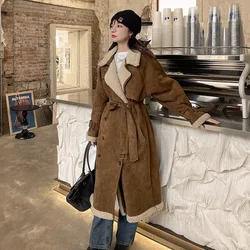 Long lamb wool coat for women's 2023 winter new Korean small loose thickened fur integrated