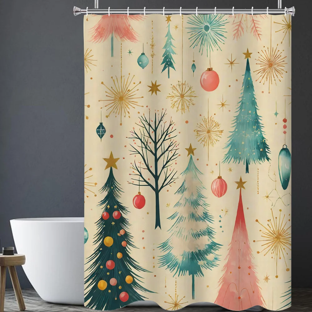 2D Flat, 2D Flat Single-Piece Christmas Tree Pattern Shower Curtain with Plastic Shower Hooks, Suitable for Rooms and Homes, Mac