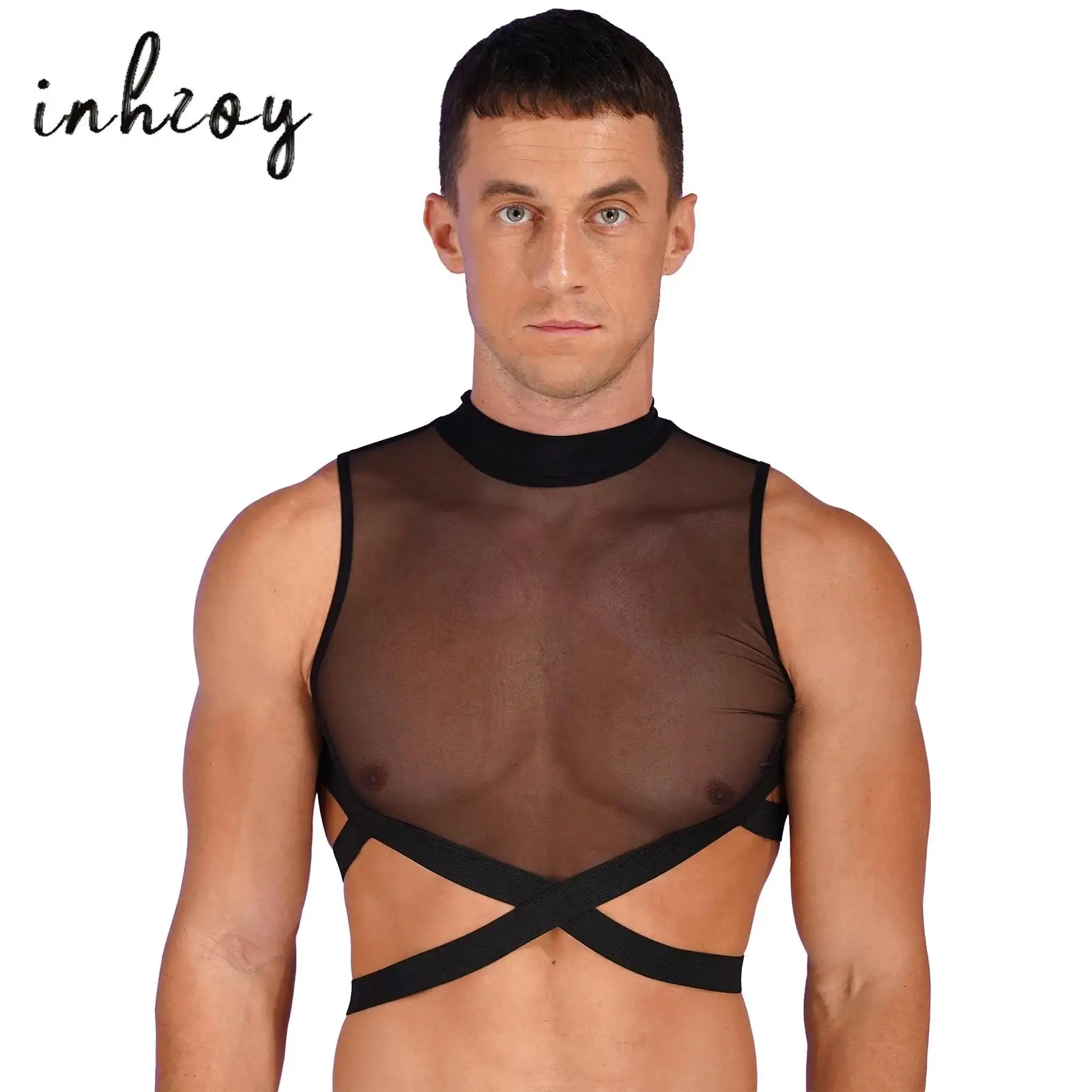 Gay Mens Sexy See Through Mesh Crop Top Back Zipper Strappy Criss Cross Vest Lingerie Nightclub Rave Party Pole Dance Clubwear