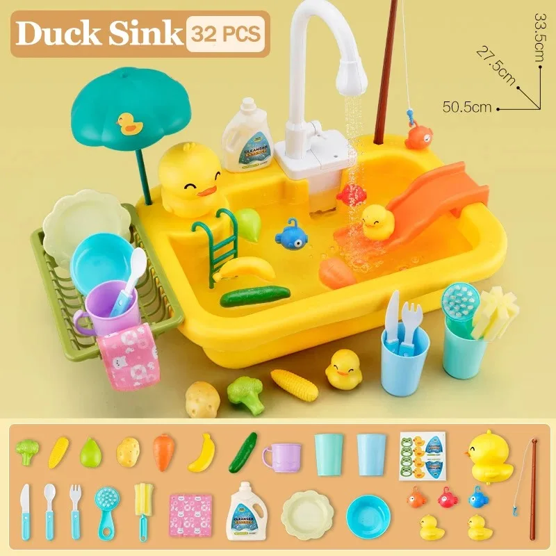 Kids Kitchen Sink Toys Electric Dishwasher Playing Toy With Running Water Pretend Play Food Fishing Toy Role Playing Girls Gift