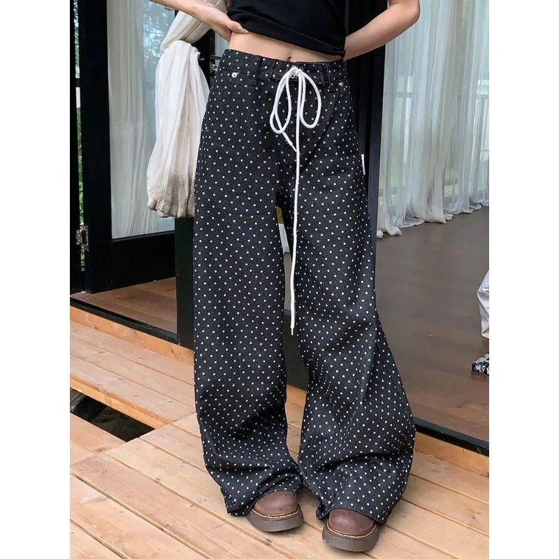 

Vintage American Full Print Polka Dot Jeans Women Adjustable Drawstring High Waist Loose Wide Leg Indigo Blue Denim Pants Trendy