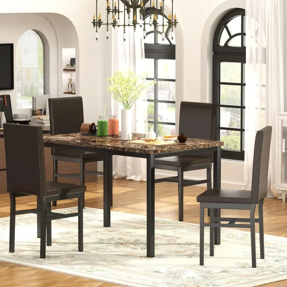 Dining Table Set for 4, Modern Kitchen Table and Chairs Set with 4 PU Leather Chairs,Space-Saving Dinette Dining Room Table Set