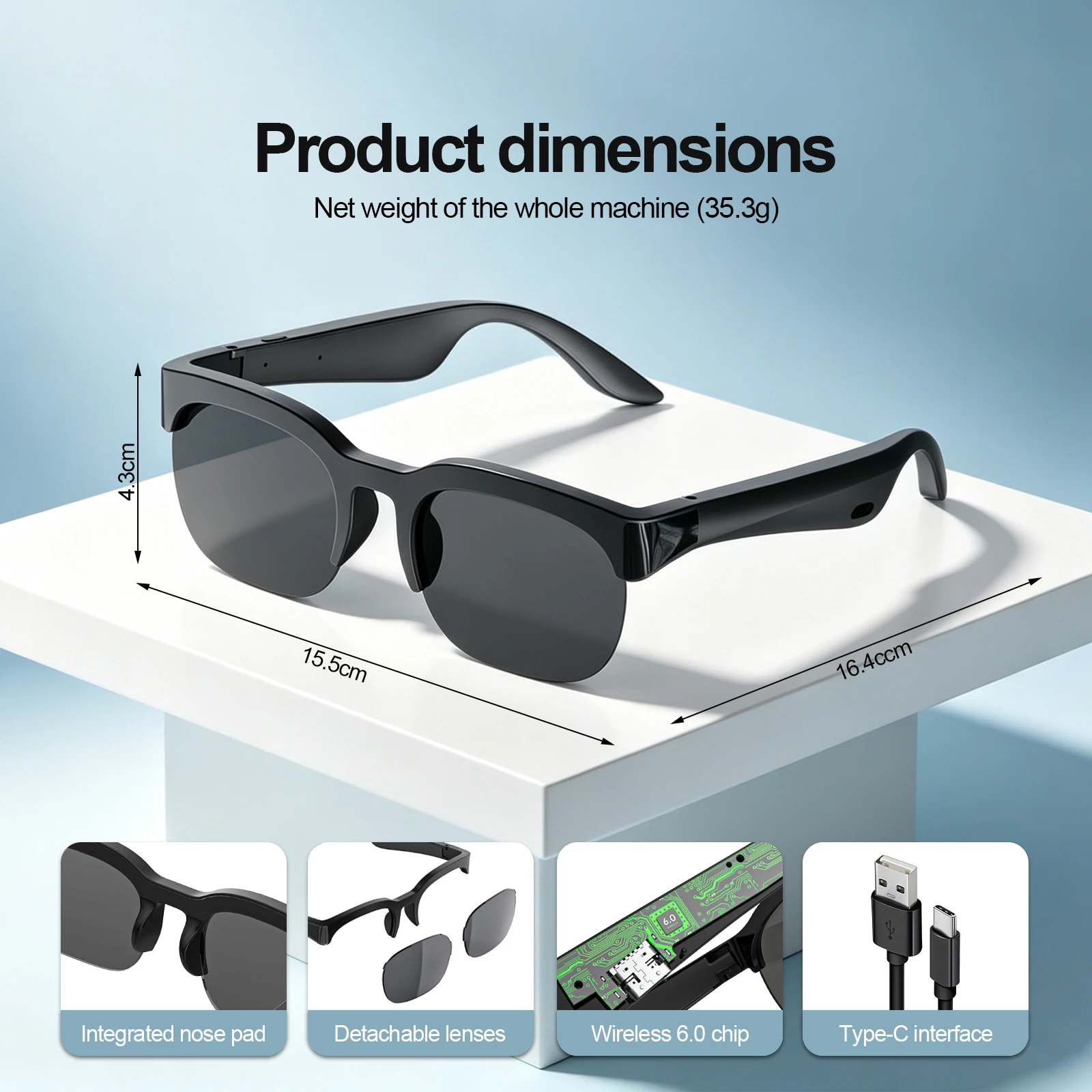 Bluetooth Smart Audio Glasses, Wireless Open-Ear Sunglasses with Built-In Speakers and Microphone, Hands-Free Music & Phone Calls, Portable Sports Eyewear for Running, Cycling, Gym, Cooking, Driving, Travel, Work, iPhone Android Compatible