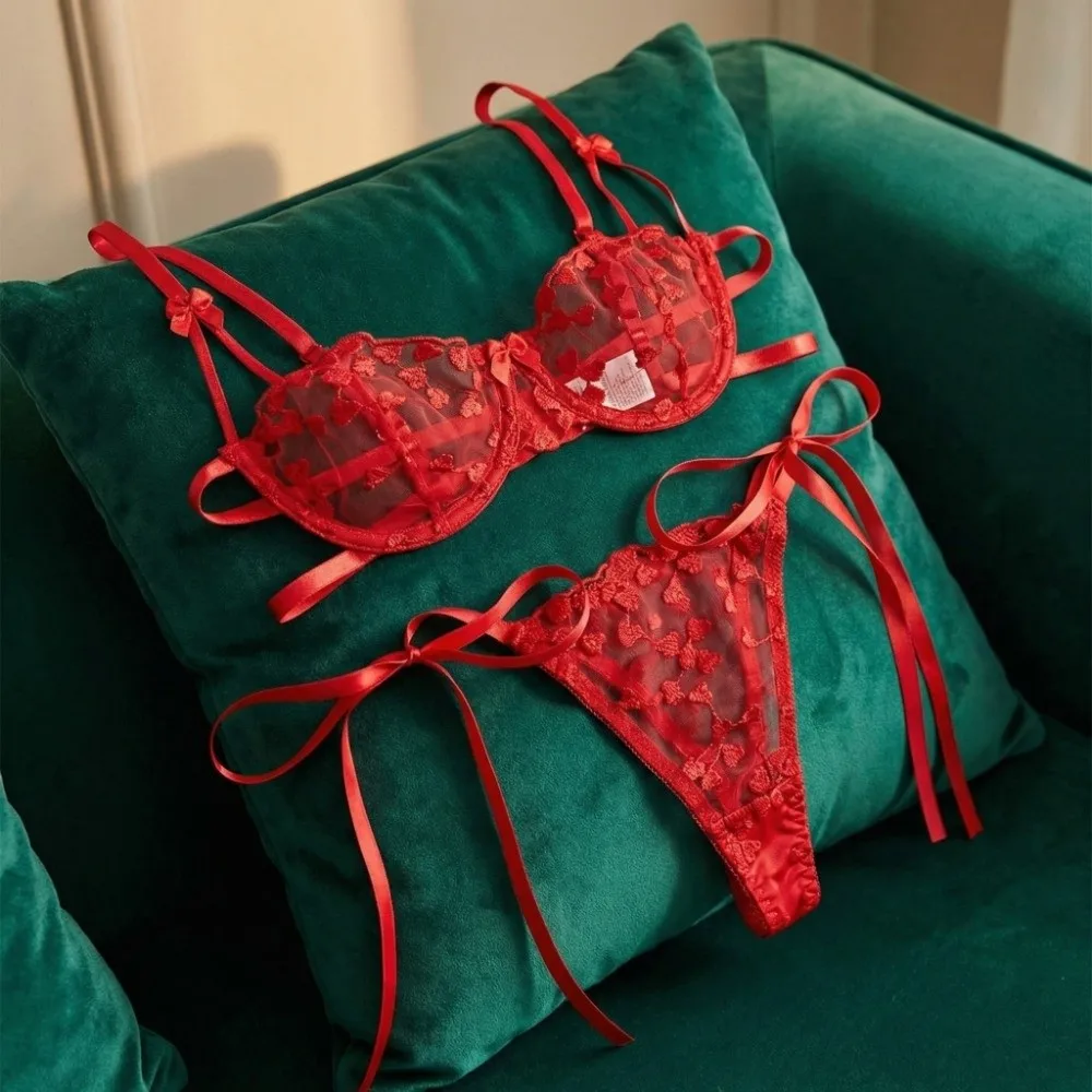 Lace Bra Suspender Two-piece Underwear Set Lace Mesh Love Heart Embroidery Panties Underwear for Women Valentine's Day Gift - Image 5