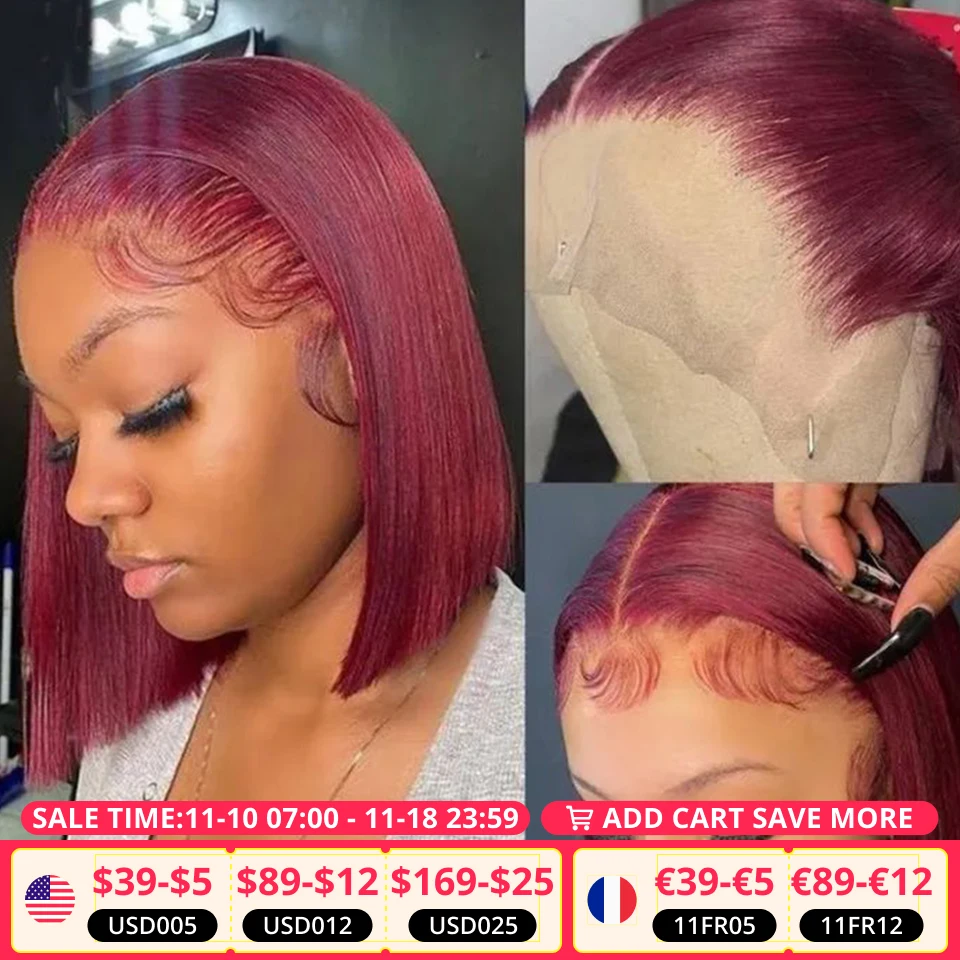 Burgundy HD Transparent Short Bob Human Hair Wigs Peruvian 99J Red Straight 13x6x1 Lace Front Wig For Women Pre Plucked