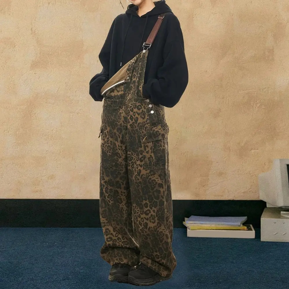 Salopette semplice ampia con stampa leopardata Pagliaccetti a vita alta a gamba larga Donna Y2k Pantaloni con stampa leopardata stile gamba dritta Party