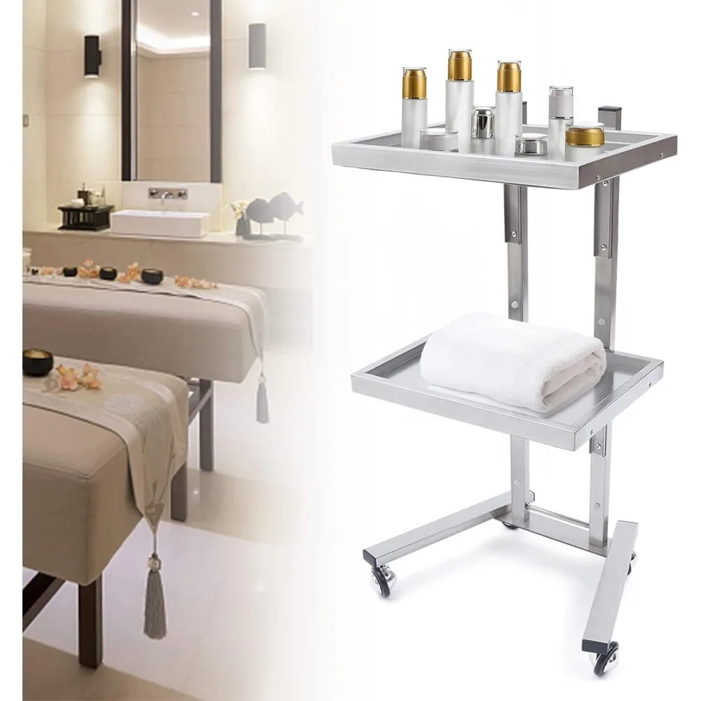 عربة عربة صالون التجميل TFCFL ذات طبقتين على عجلات، عربة دوارة معدنية، حامل تخزين صالونات التجميل بعجلات 360 درجة °   معدات أداة المتداول