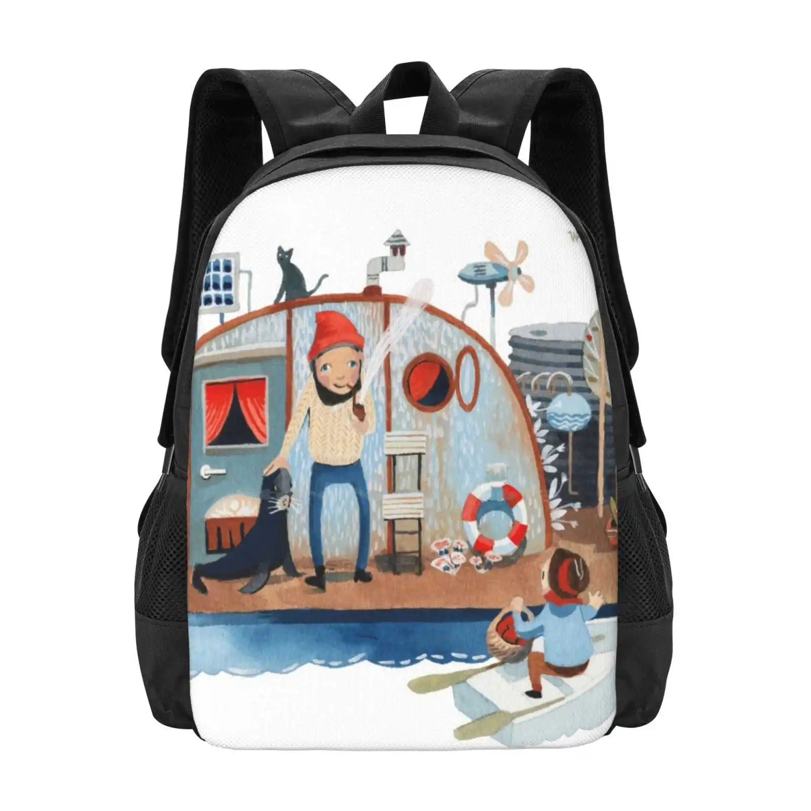 Captain Bernaidle Hot Sale Schoolbag Backpack Fashion Bags Barge Seal Cat Floating Fun Whimsical Salty House Boat Red Beanie