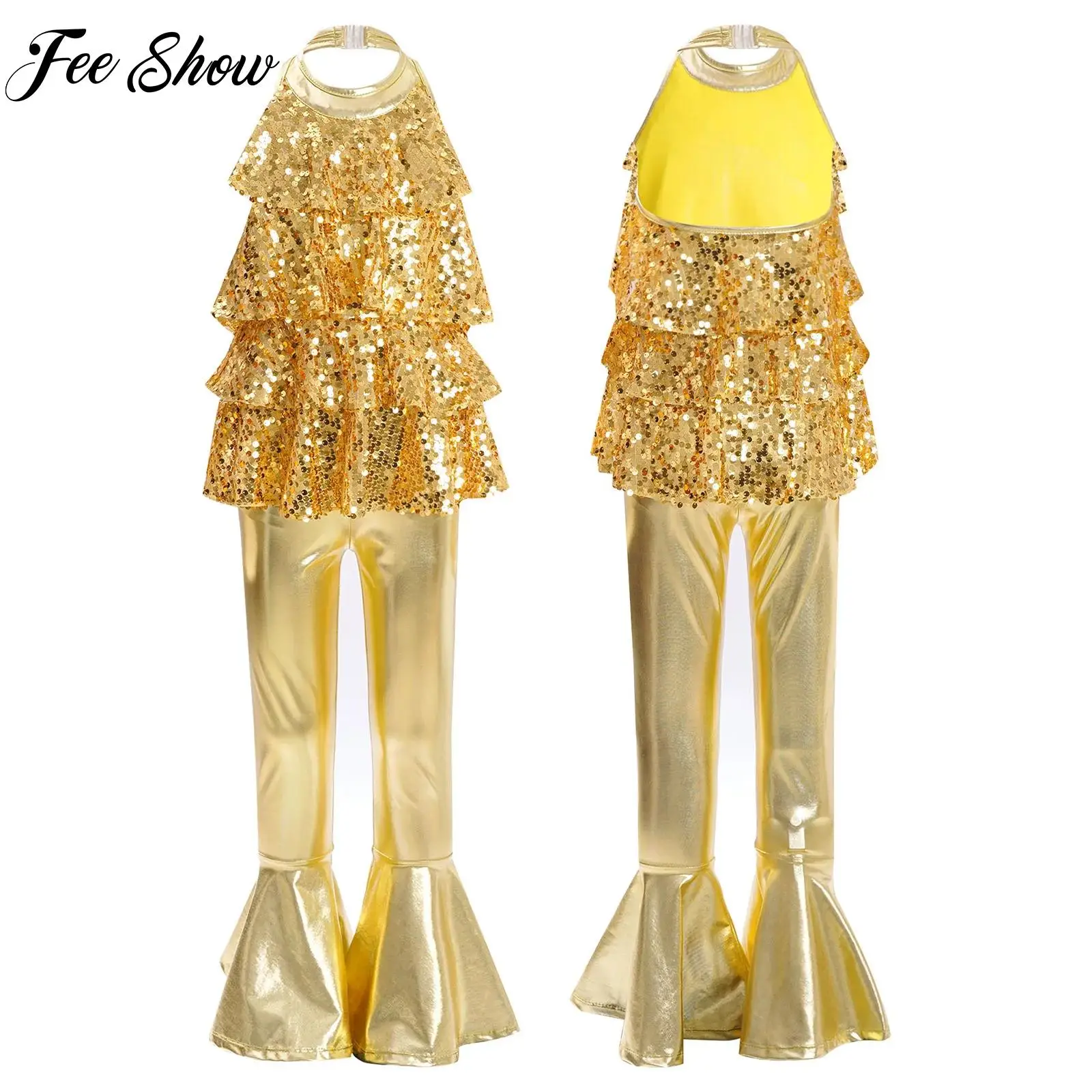 

Kids Halter Backless Shiny Sequins Leotard with Bell-bottom Pants Suit for Girls Latin Jazz Cha-cha Samba Rumba Dance Costume