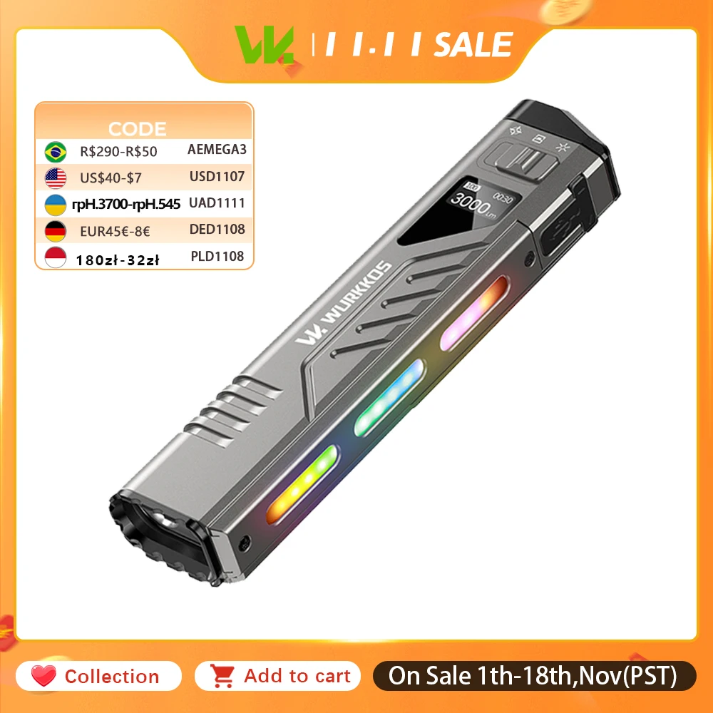 Wurkkos TD11 Tactical Flashlight Portable EDC Rechargeable USB-C Interface 3000 Lumens Tail Switch Camping Specialized