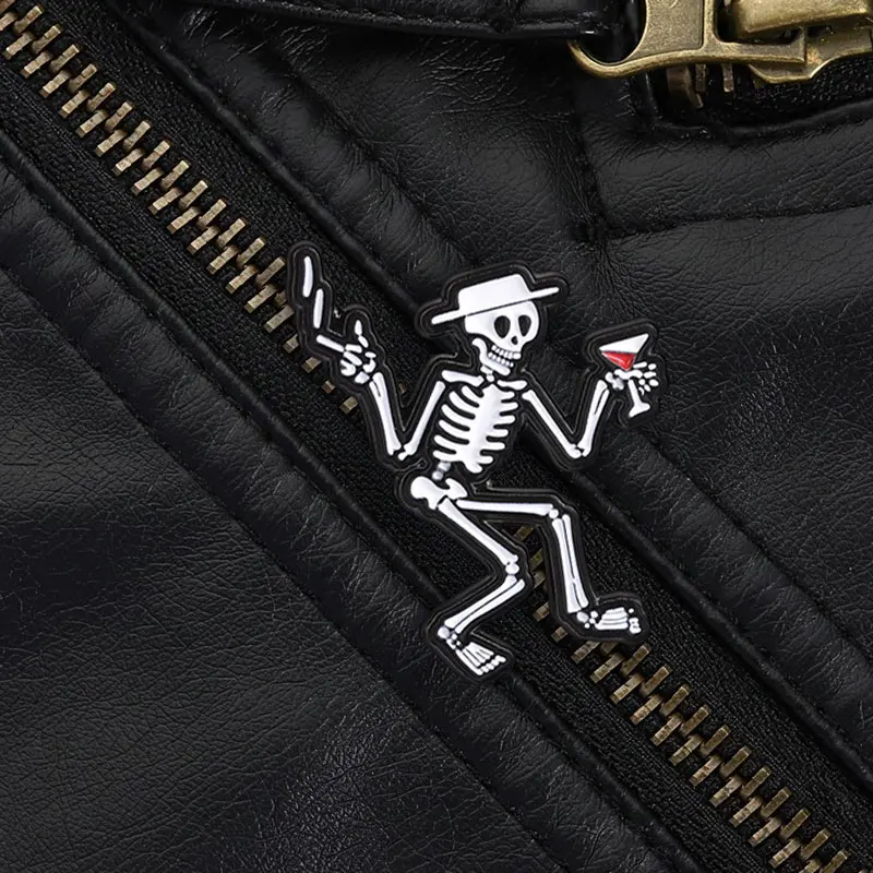 Vintage Skeleton With Cocktail And Cigar Enamel Pin, Old School Tattoo Brooch for Halloween And Alternative Style