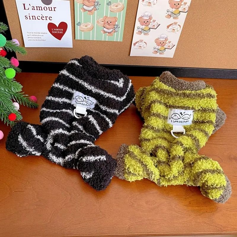 Pet Black Jumpsuits Warmth-Retaining Dog Four-Legged Sweatshirt Teddy Sweet Striped Pullover Winter Puppy Pyjamas