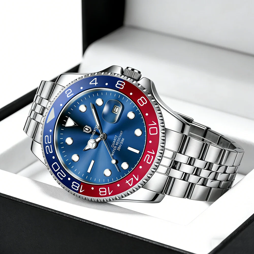 QINGXIYA Brand New Business Stainless Steel Watch Classic Red Blue Circle Magnifying Glass Calendar Quartz Watches Montre Homme