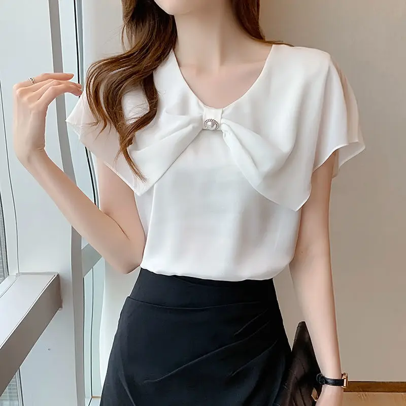 Female Korean Fashion Beading Ruffles Casual Chiffon Shirt Summer Women\'s Clothing All-match O-Neck Patchwork Solid Color Blouse