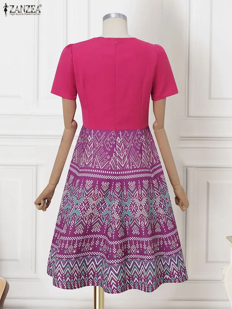 ZANZEA Vrouwen Bloemen Gedrukt Zonnejurk Vintage Korte Mouw Jurk Mode Boog Vestidos 2025, Casual A-lijn Kantoor Gewaad Oversized