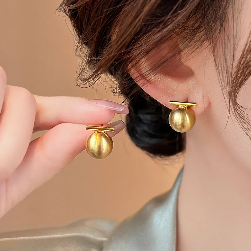 South Korea new design fashion jewelry 18K gold plated round metal beads brushed earrings elegant women's daily work accessories