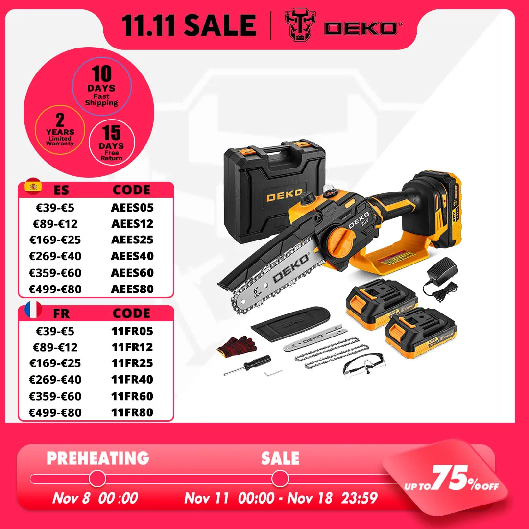 

DEKO 550w Mini Chainsaw Cordless Oil Machine 6-inch Handheld Portable Battery Powered aGarden Tools for Wood/Tree Cutting