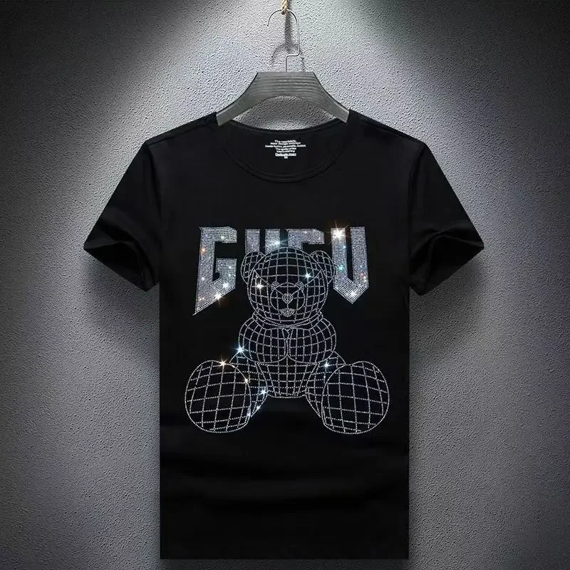 New High Quality Men Bear Diamond Rhinestone Fashion Luxury Black White T-Shirt