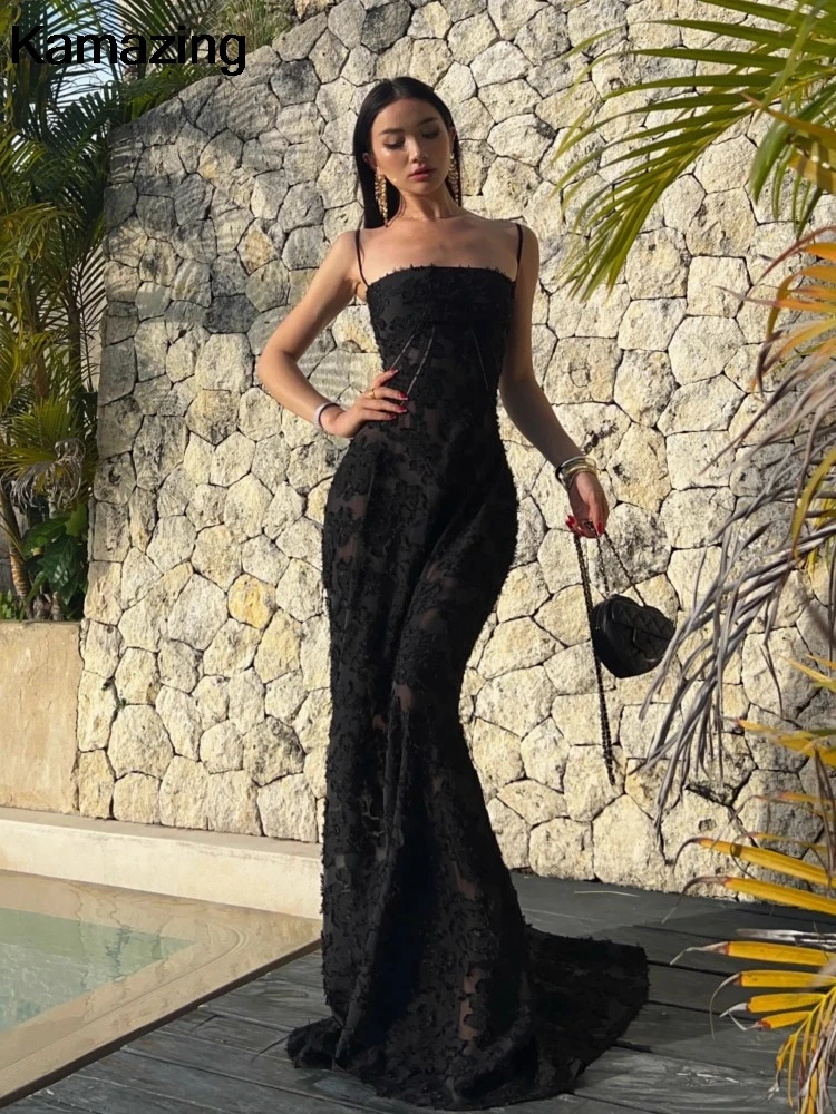 Vintage Luxury Black Long Dress Women Sexy Spaghetti Straps Wedding Evening Party Robe Summer Ladies Runway Bridesmaid Clothes