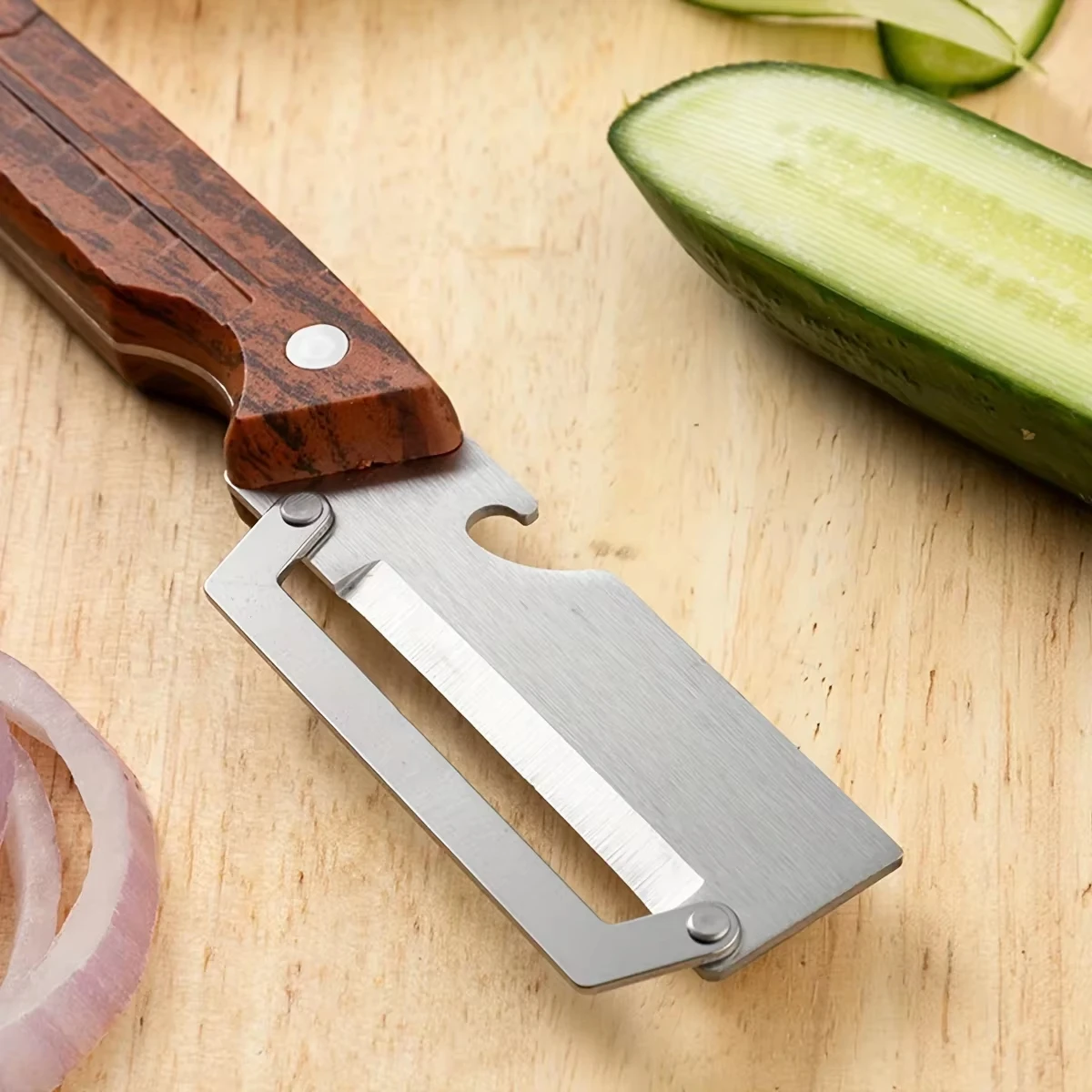 Descascador multifuncional de aço inoxidável com cabo de madeira maciça, utensílio de cozinha para descascar frutas e legumes._voghion.com