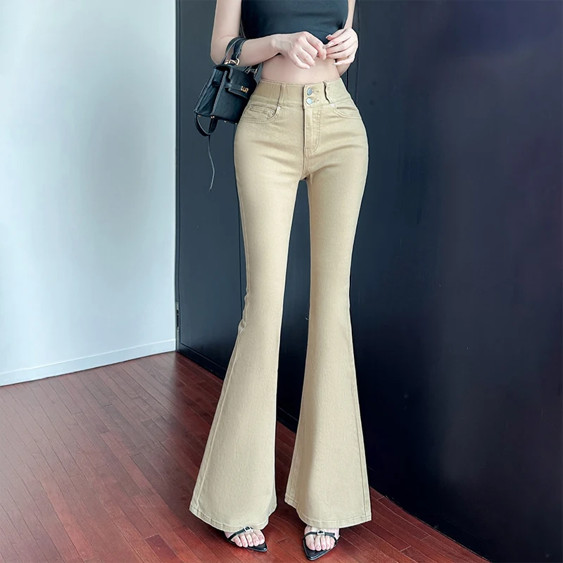 Jean évasé taille haute pour femmes, pantalon Long élastique Double bleu, hanche large, nouvelle collection printemps 2025