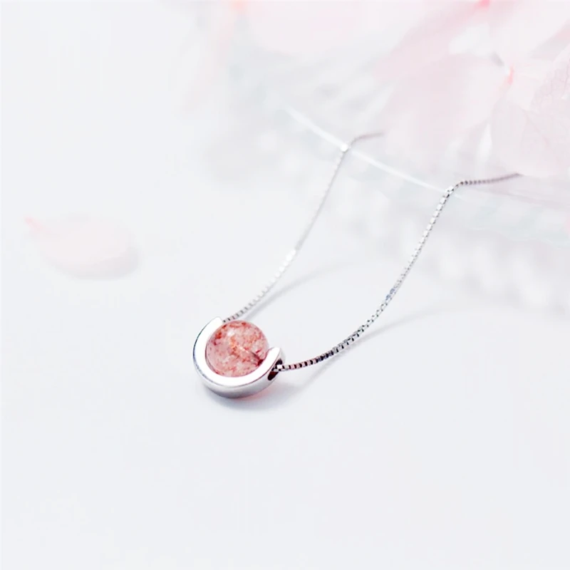 Sole Memory Pink Strawberry Crystal Ball Sweet 925 Sterling Silver Fine Jewelry Luxury Female Necklace NE098