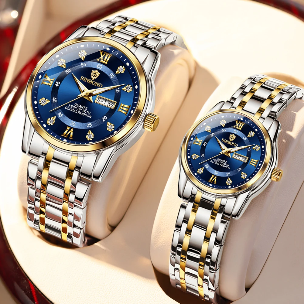BINBOND Couple Watches Casual Fashion Original Quartz Watch for Lover Roman Double Scale Dial Waterproof Luminous Date Week Relo