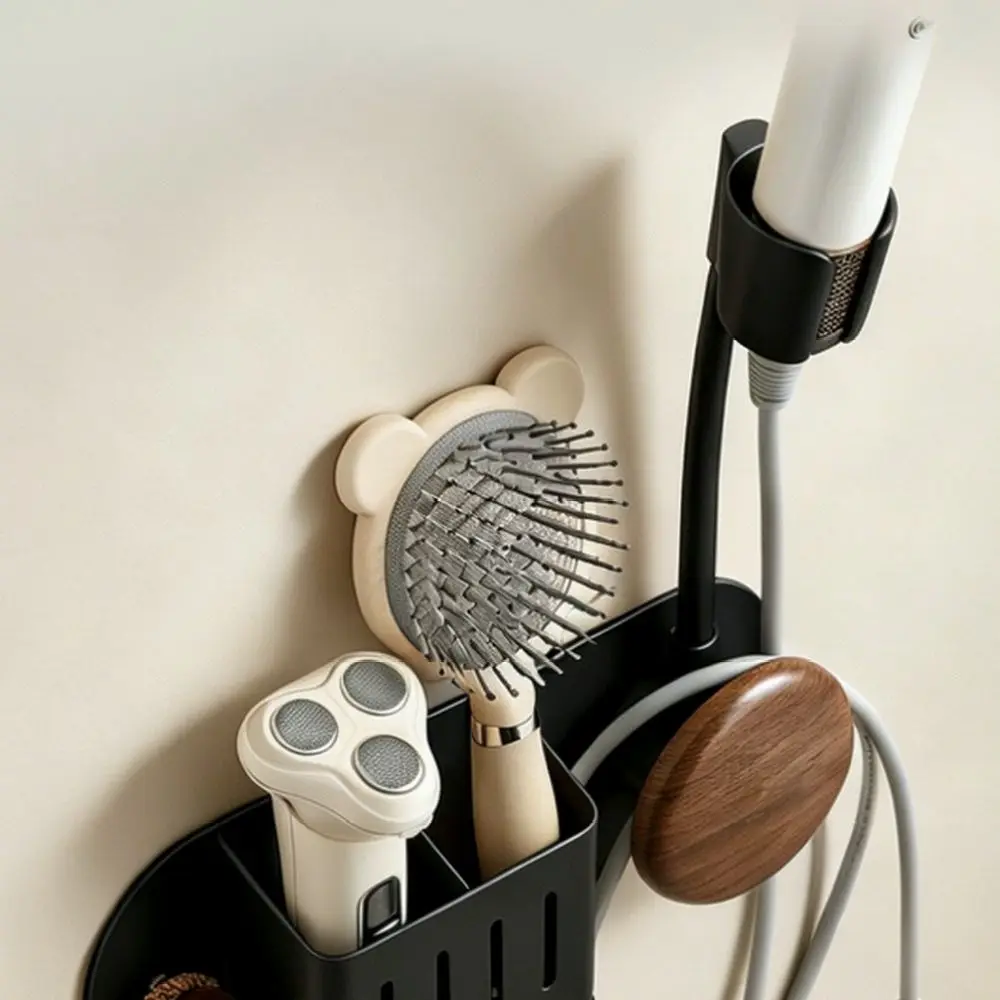 Punch Free Hair Dryer Wall Holder Walnut Wood Grain Organizer Hands Free Blower Stand For Bathroom Storage Rack