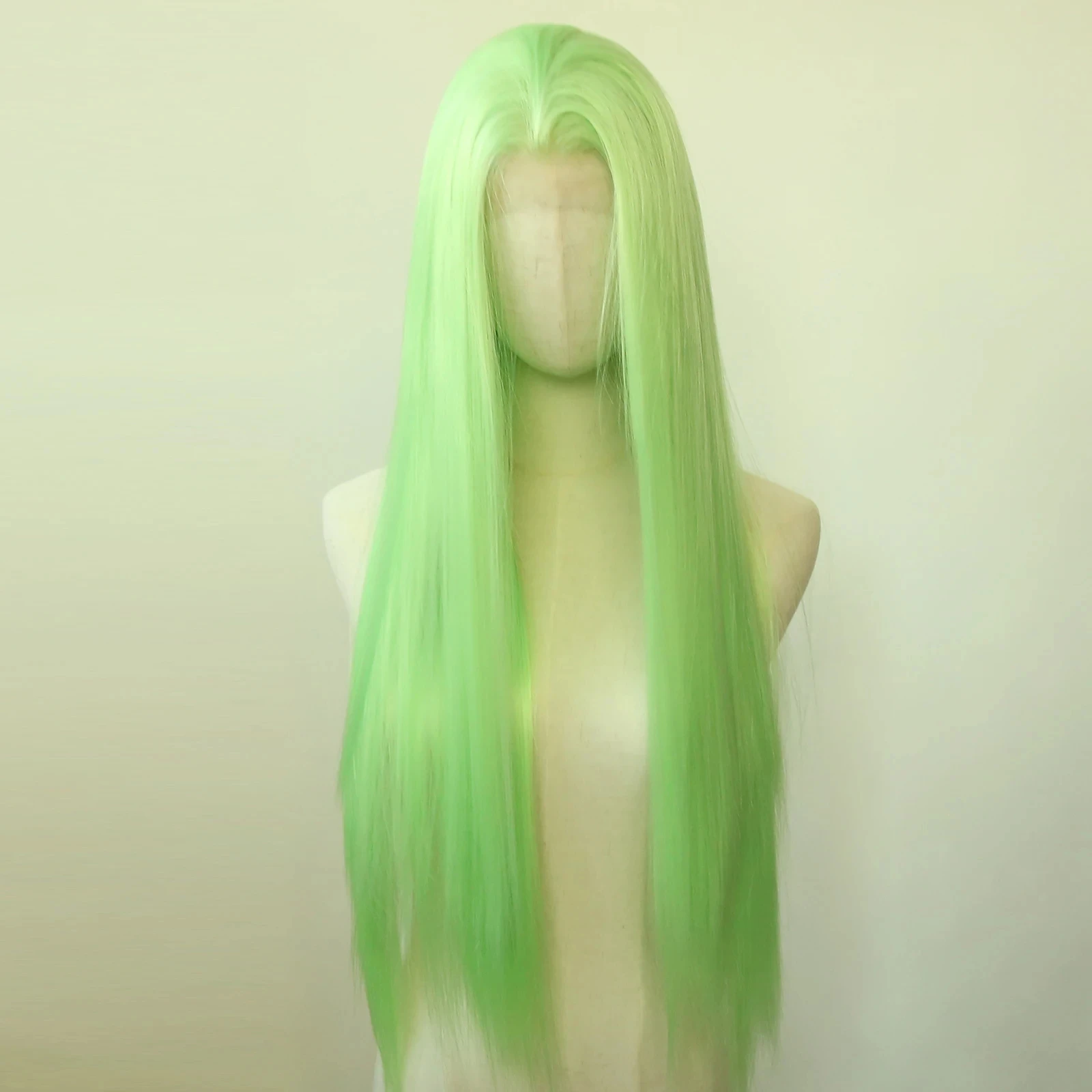 Hellgrüne synthetische Lace-Front-Perücke, lange gerade Lace-Front-Synthetik-Perücke, vorgezupft, hitzebeständiges Haar, Alltagskleidung, Cosplay